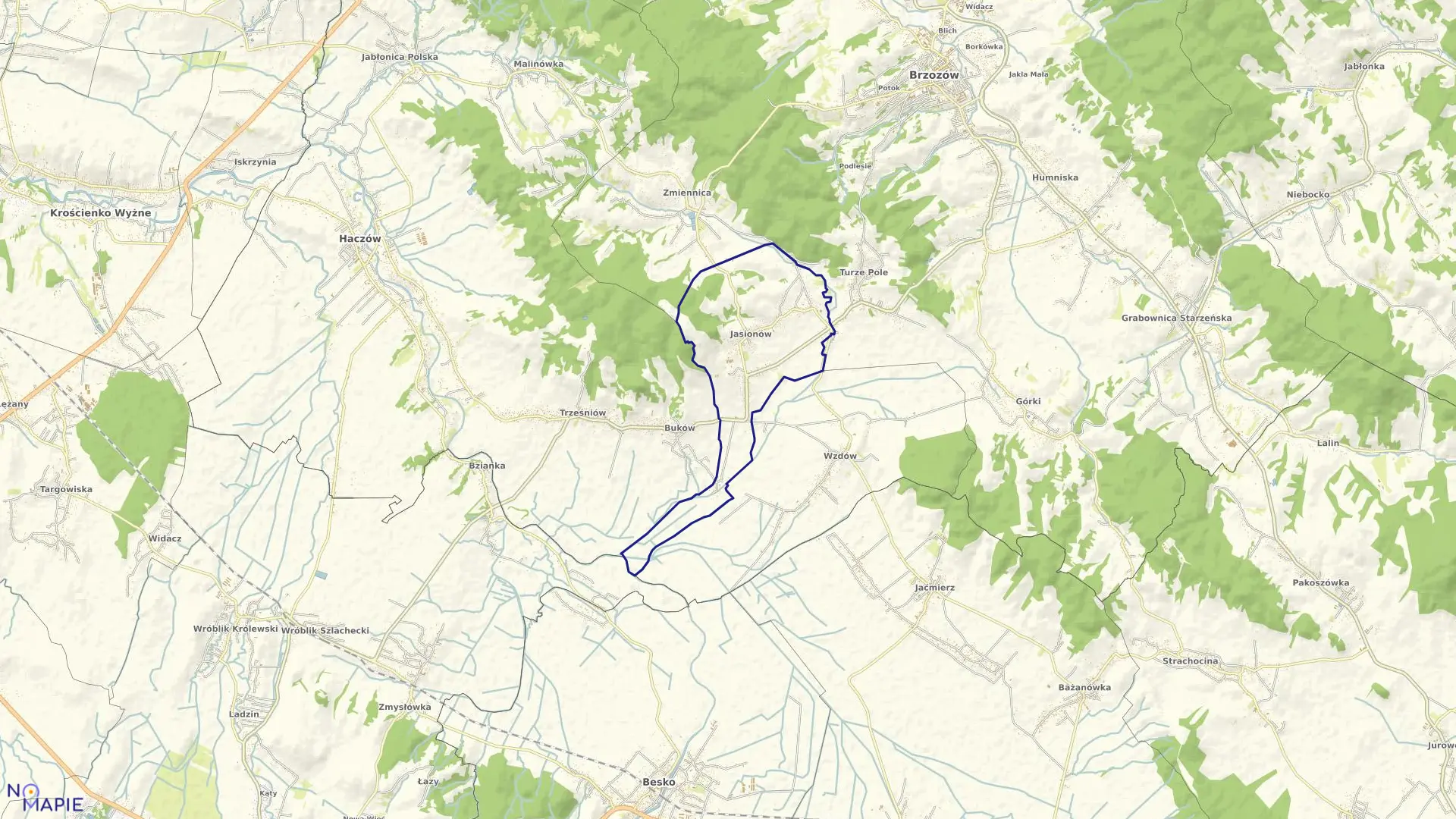 Mapa obrębu Jasionów w gminie Haczów